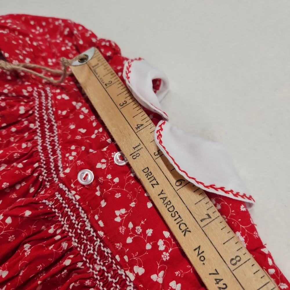 Vintage Handmade Red White Floral Smocked Dress Peter Pan Collar Toddler